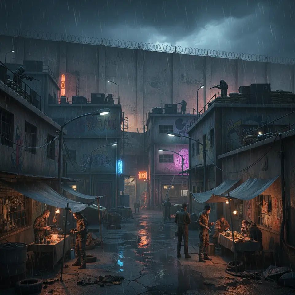 A tense, neon-lit overview of Dogtown: towering concrete walls topped with barbed wire, graffiti-streaked facades of crumbling warehouses, flickering street lamps casting long shadows over narrow alleyways, rooftop sniper nests with makeshift defenses, and secret black market stalls tucked into ruined corners under a stormy sky