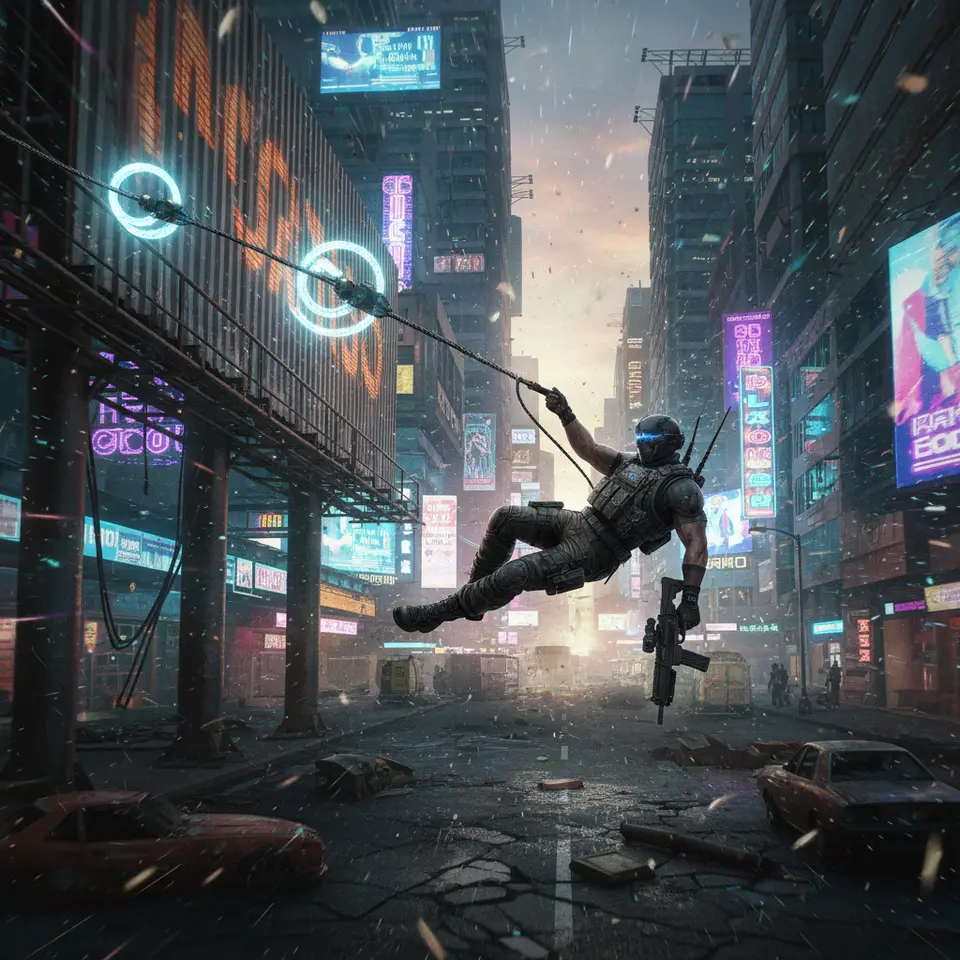 A dynamic action shot featuring a mercenary using a high-tech grappling clamp: magnetic anchors latched to a rusted scaffolding billboard, as the figure zips across a neon-drenched skyline, swinging over a broken street below, cyberpunk city lights reflecting off wind-swept dust particles for a sense of motion