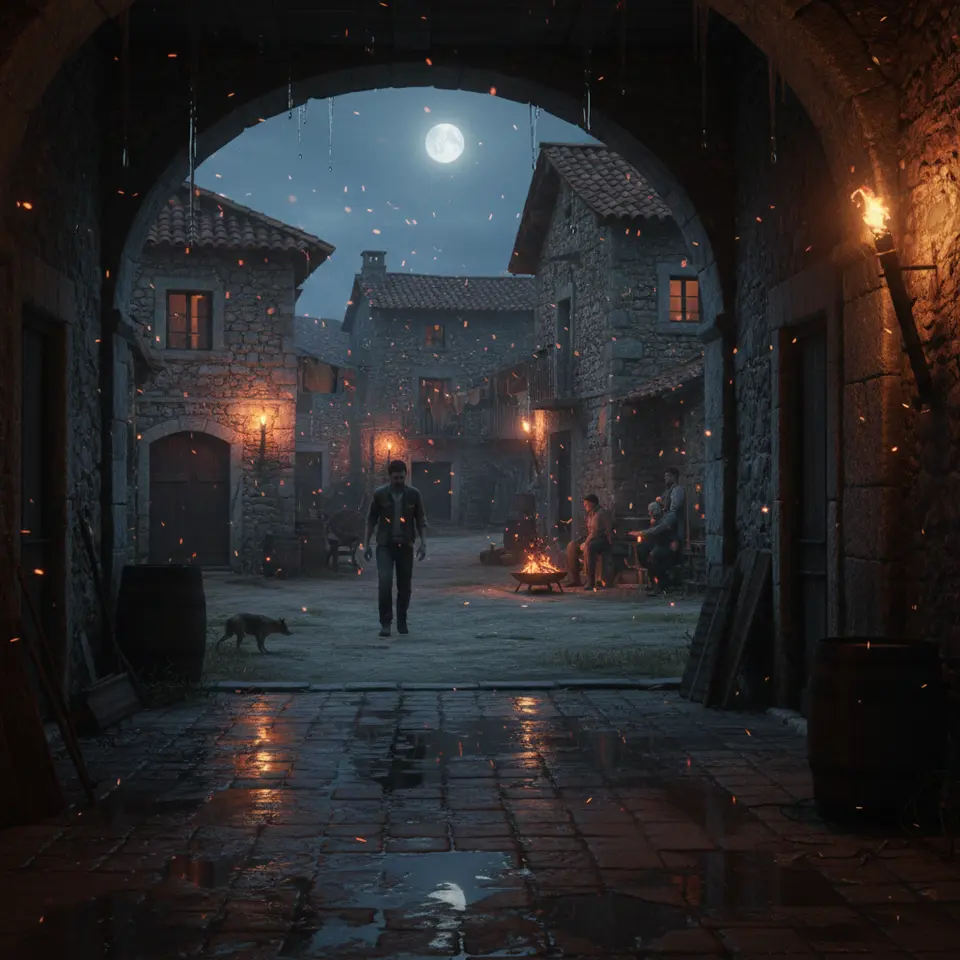 A twilight scene of the Spanish village from Resident Evil 4 Remake: ember-like particles drifting in the wind, detailed stone cottages and dusty plazas, glistening wet surfaces in castle corridors with dripping moisture, and realistic ray-traced lighting casting sharp reflections and deep shadows.