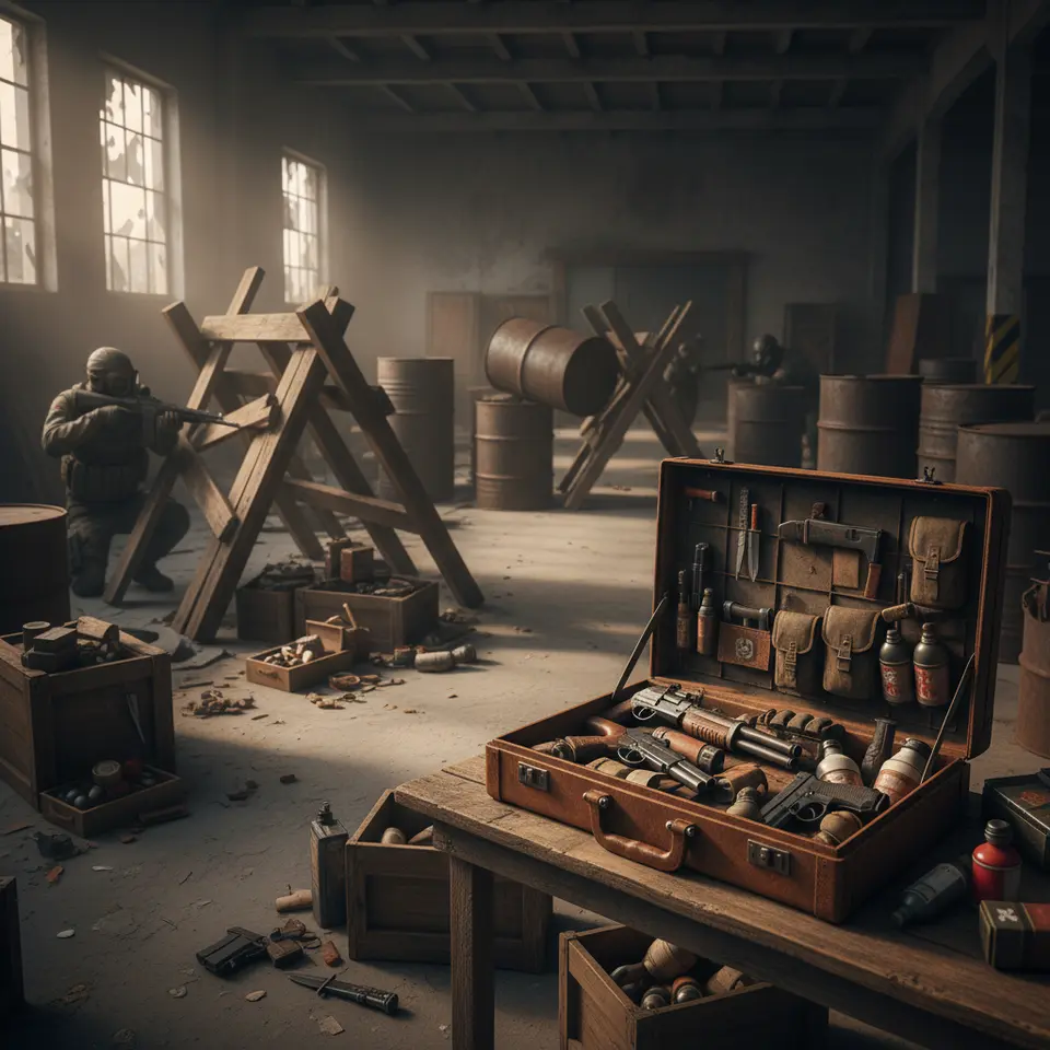 A dynamic gameplay environment showcasing Resident Evil 4 Remake’s inventory and interactivity: the expandable attaché case grid filled with weapons and items, a toppled wooden barricade creating a diversion, shattered crates revealing hidden supplies, and movable obstacles unlocking alternative paths in a tense combat zone.