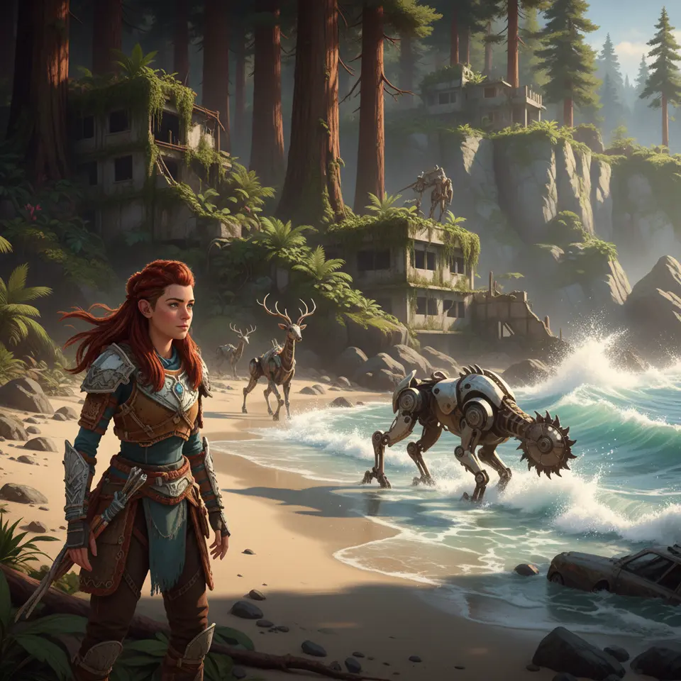 Stunning Visuals and Immersive World Design: Aloy standing on a sunlit shoreline with towering redwood forests behind her, glistening waves crashing against coastal cliffs, half-submerged city ruins overtaken by lush flora, roaming mechanical creatures and dynamic lighting casting realistic shadows