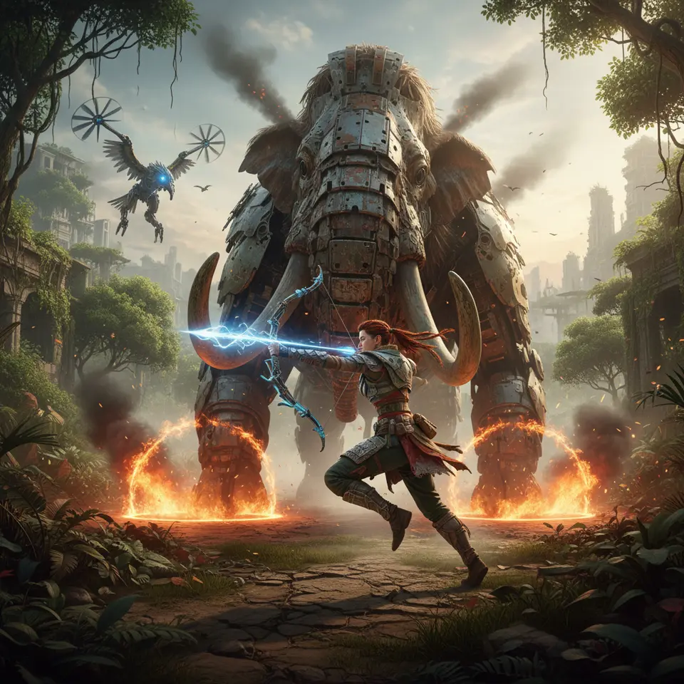 Dynamic Combat and Enemy Variety: Aloy in the heat of battle against a colossal Tremortusk machine, deploying fiery traps and shooting shock-infused arrows as a Skywarden circles overhead, with cinematic perspective and vivid elemental combat effects