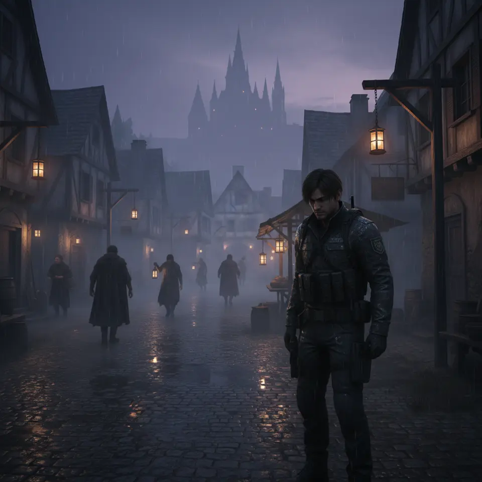 A photorealistic, rain-soaked village square at dusk: Leon S. Kennedy in tactical gear stands under the glow of flickering lanterns, wet cobblestones reflecting dynamic lighting, thick volumetric fog weaving between dilapidated wooden buildings, and distant castle spires looming in ominous shadows.