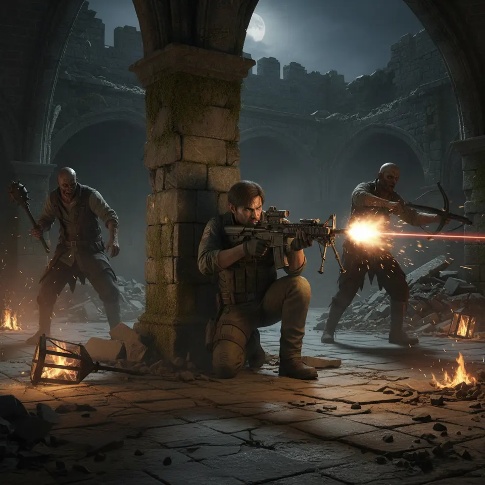 An intense castle courtyard combat scene: Leon crouched behind a broken stone pillar, aiming a customized rifle with laser sight and bipod, coordinated Ganado enemies flanking from cover, toppled lanterns setting small fires, crumbling floor tiles and flying debris lit by dramatic muzzle flashes and swirling dust.