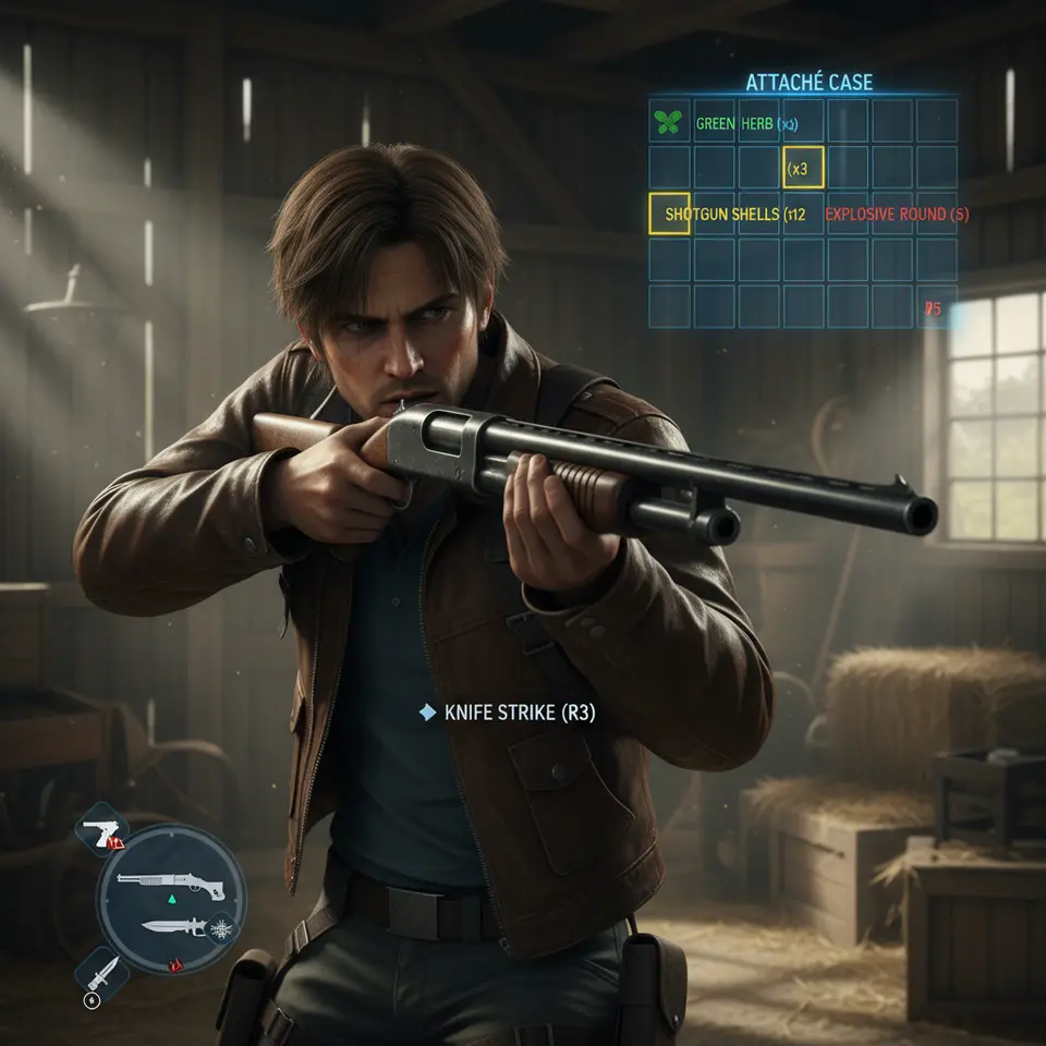 Enhanced Gameplay Mechanics in Action: A tense close-quarters encounter inside a dimly lit barn, showing Leon Kennedy aiming down the sights of a weathered shotgun while the attaché case inventory overlay appears in the corner with a grid-based system and color-coded highlights for ammo, healing herbs, and explosive rounds, plus a quick-swap weapon HUD and a contextual knife-strike prompt flashing on screen.