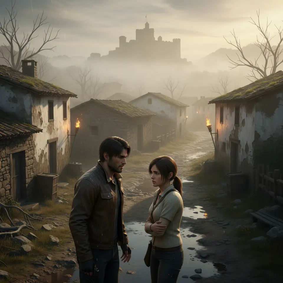 Visual Splendor and Atmospheric Horror: A panoramic scene of a fog-draped Spanish village at dawn, featuring dilapidated farmhouses with peeling paint and moss-covered stones, dynamic lighting casting long shadows through scrawny tree branches, flickering torches lining a castle corridor, rain-soaked puddles reflecting moonlight, and lifelike character models of Leon and Ashley with nuanced facial expressions.