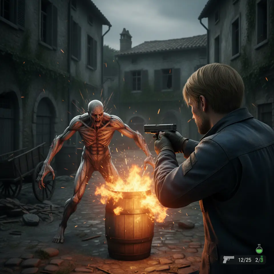 Leon S. Kennedy in an over-the-shoulder combat stance, aiming his handgun at a regenerating stalker amid a dimly lit village square; improvised environmental kill with a flaming barrel explosion and tense resource management icons (ammo count, health flask) overlayed subtly