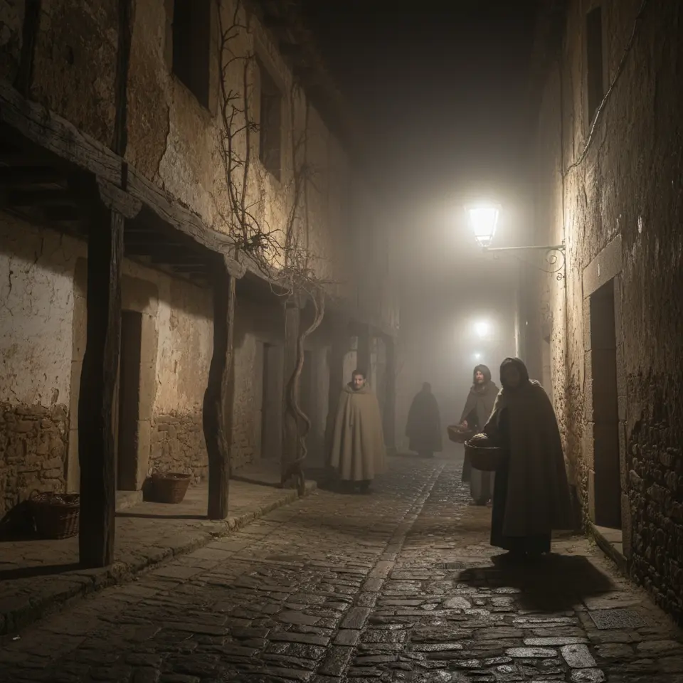 A photorealistic, fog-shrouded Spanish village at night: lanterns casting erratic shadows across dilapidated stone walls, twisted wooden beams, and creeping mist; high-resolution textures on walls and ground, volumetric lighting highlighting atmospheric horror