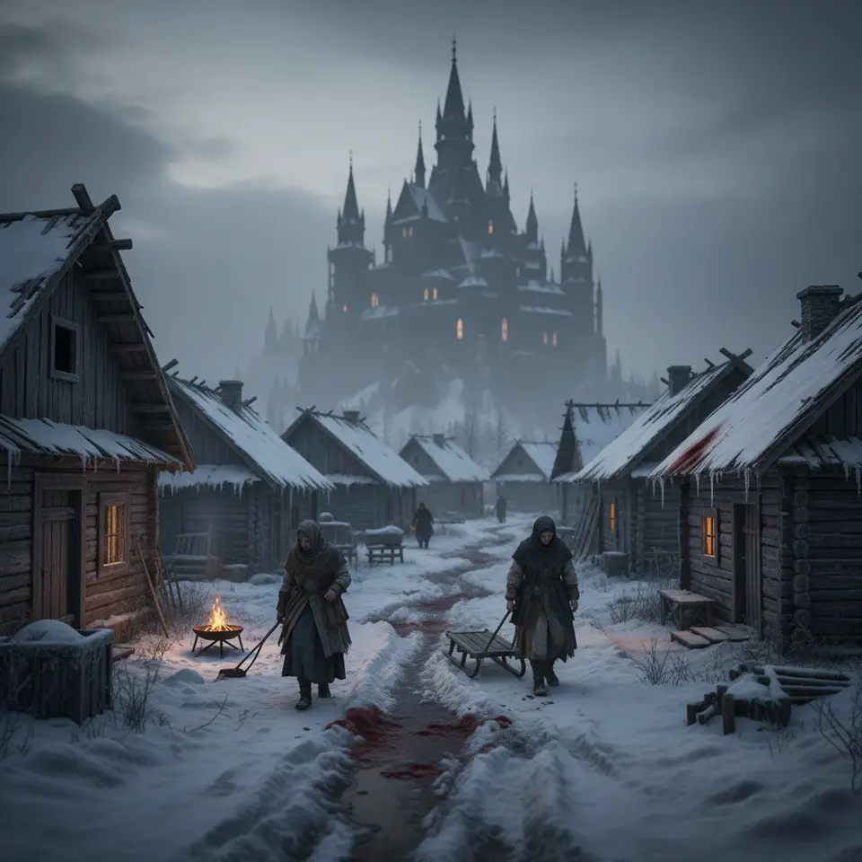 A remote, snow-laden Eastern European hamlet at dusk: narrow icy lanes flanked by skeletal wooden huts, frost-clad beams, melting pools of blood on drifting snow, distant animal cries echoing off crumbling rooftops, all under a muted gray sky with Castle Dimitrescu’s gargantuan gothic spires and arched turrets looming ominously above.