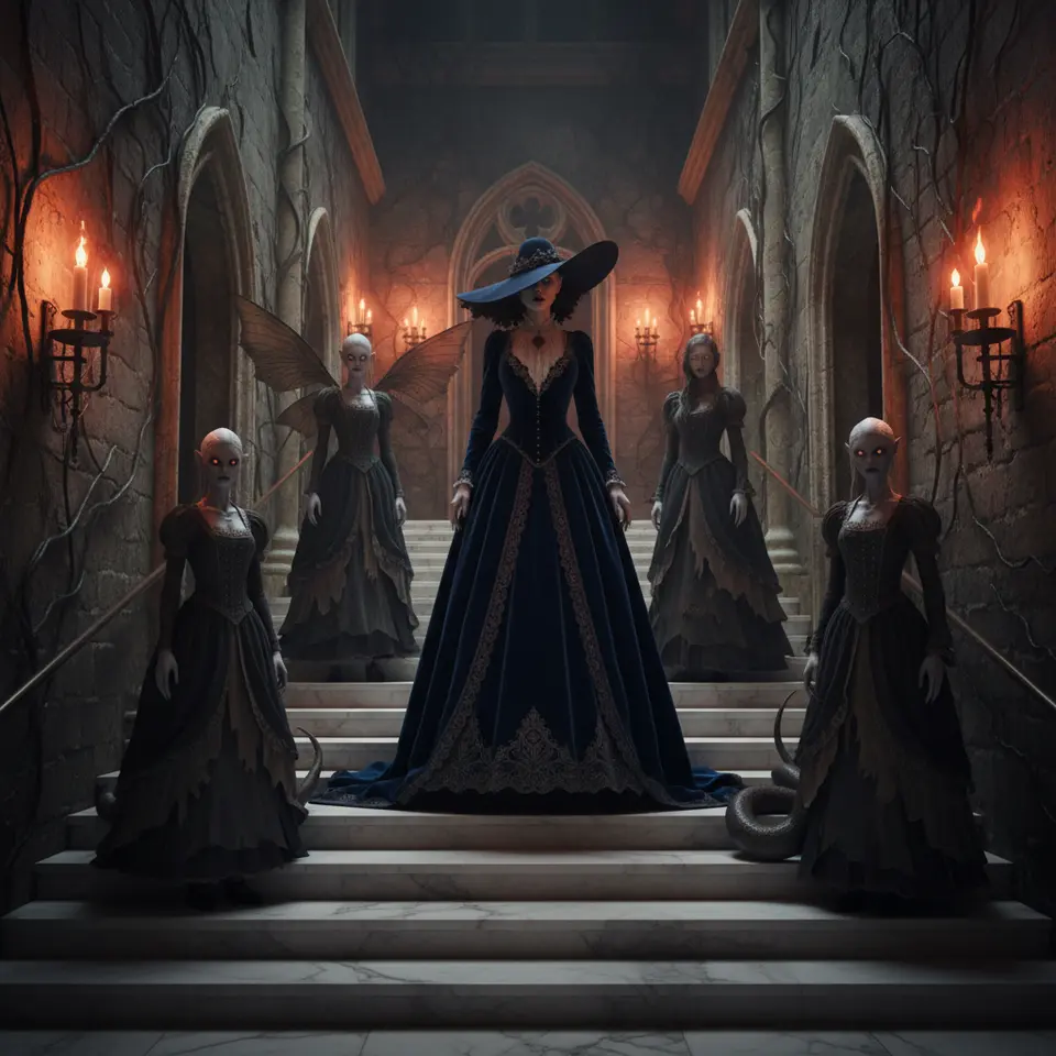 Lady Dimitrescu and her four vampiric daughters in a candlelit castle corridor: the towering aristocratic matriarch in an elegant flowing gown, elongated shadows cast by flickering torches on grand marble staircases, ornate medieval stonework twisted by creeping vines, and the grotesque, uniquely featured daughters standing guard in the gloom.